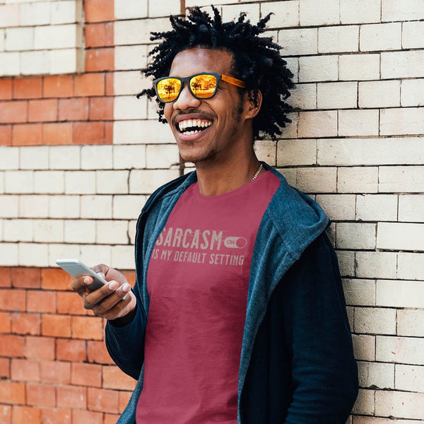 Man wearing funny sarcasm is my default setting t-shirt