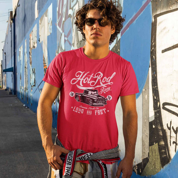 Guy wearing retro streetwear Hot Rod Racert-shirt from Shirty Store