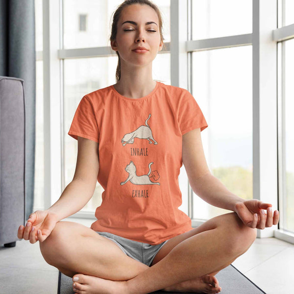 Woman wearing Funny Yoga cat inhale exhale t-shirt from Shirty Store
