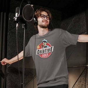 Podcaster wearing a worn and retro design creative juice t-shirt by Shirty Store