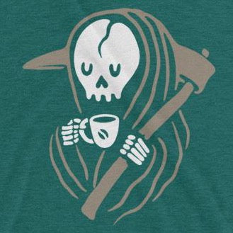 Close up of Funny Grim Reaper and Coffee t-shirt from Shirty Store