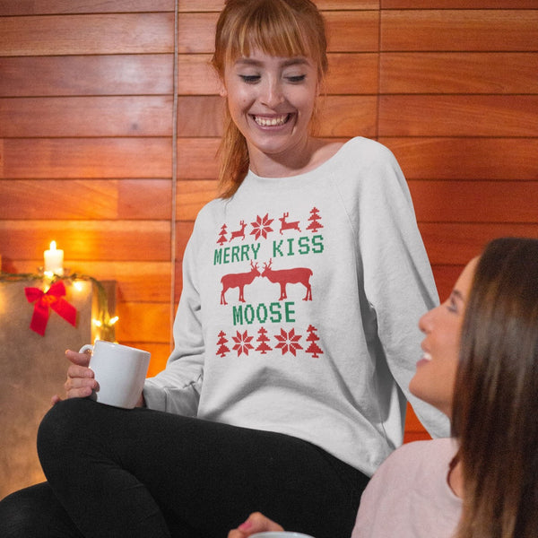 Woman wearing ugly sweater Merry Kiss Moose Sweatshirt from Shirty Store
