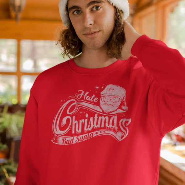 Man wearing funny sarcastic hate Christmas bad Santa sweatshirt by Shirty Store