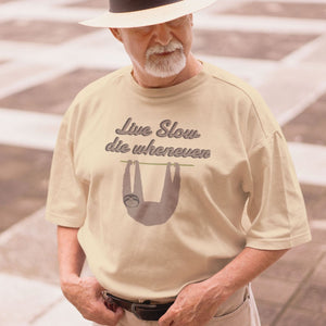 Older man wearing funny t-shirt Live Slow Die Whenever from Shirty Store