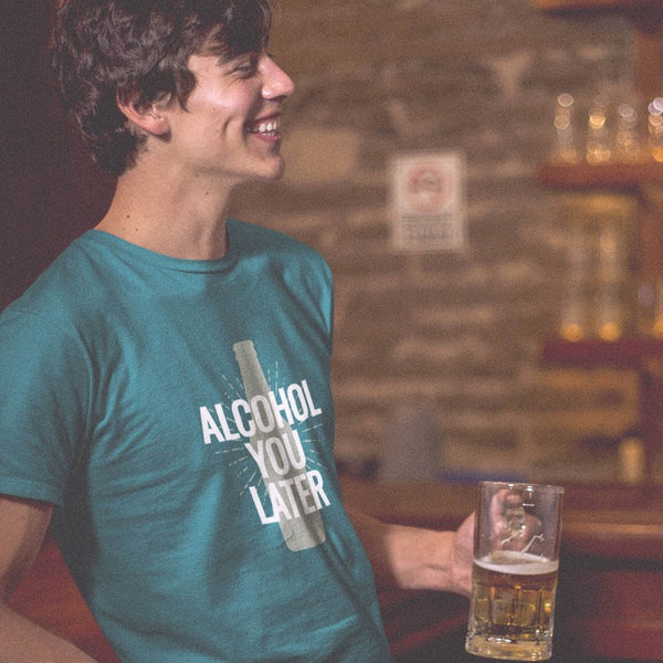 Young guy wearing funny alcohol you later t-shirt