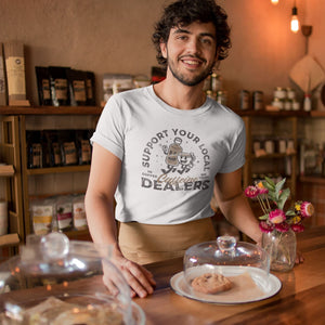 Man wearing funny sarcastic Support your local caffeine dealers t-shirt from Shirty Store