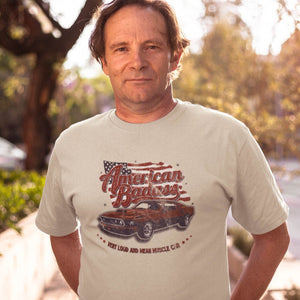 Man wearing sarcastic, funny American Badass car t-shirt from Shirty Store