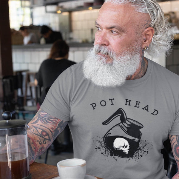 Older man wearing funny coffee themed pot head t-shirt from Shirty Store