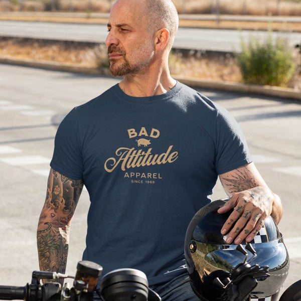 Tattooed man wearing funny and sarcastic Bad Attitude apparel t-shirt from Shirty Store