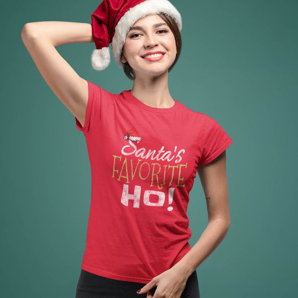 Woman wearing sarcastic Santa's favorite ho t-shirt from Shirty Store