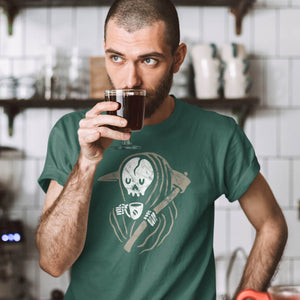 Man enjoying coffee wearing a funny grim reaper t-shirt from Shirty Store