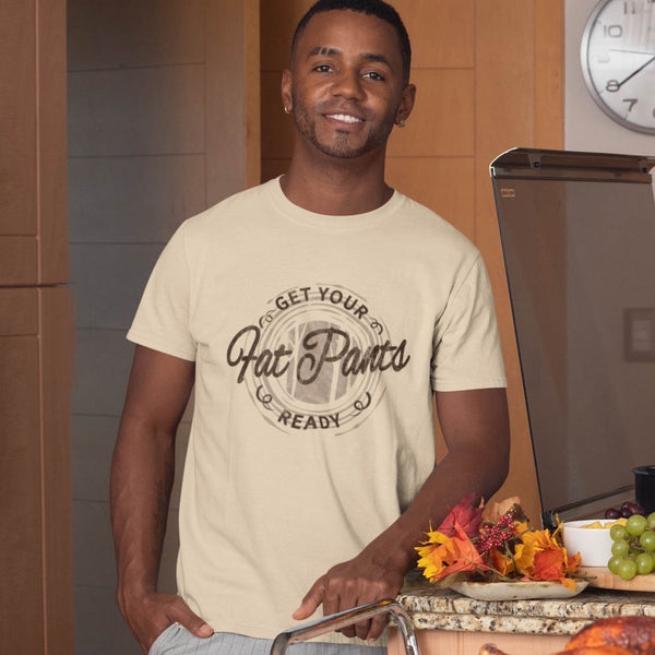 Guy wearing funny Thanksgiving t-shirt, get your fat pants ready from Shirty Store