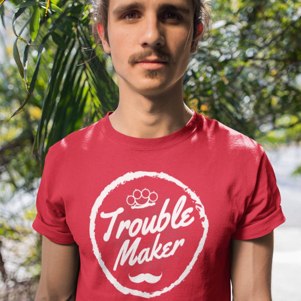 Guy wearing sarcastic trouble maker t-shirt from Shirty Store