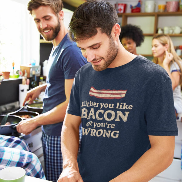 Guy wearing funny you like bacon or you're wrong t-shirt from Shirty Store