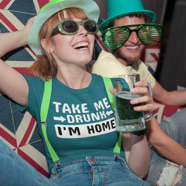 Woman wearing funny t-shirt take me drunk I'm home from Shirty Store