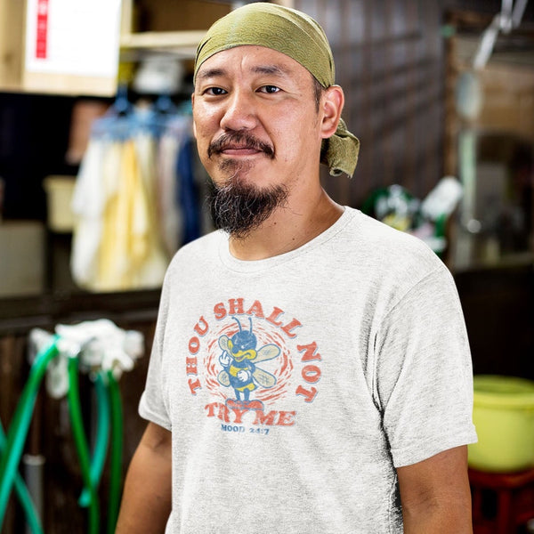 Man wearing a funny, worn vintage retro Thou Shall Not Try Me t-shirt from Shirty Store