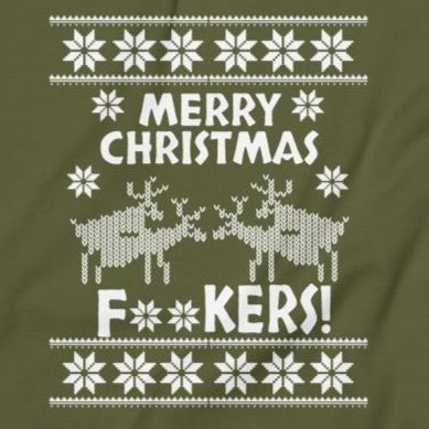Close up of Merry Christmas Fuckers ugly sweater design sweatshirt