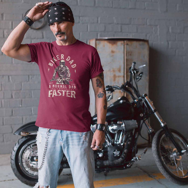 Guy wearing funny Biker Dad t-shirt from Shirty Store