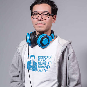 Guy wearing sarcastic Exercise Your Right to Remain Silent t-shirt from Shirty Store