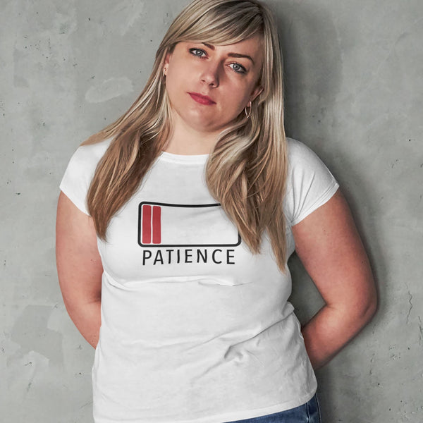 Woman wearing funny sarcastic low patience t-shirt from Shirty Store