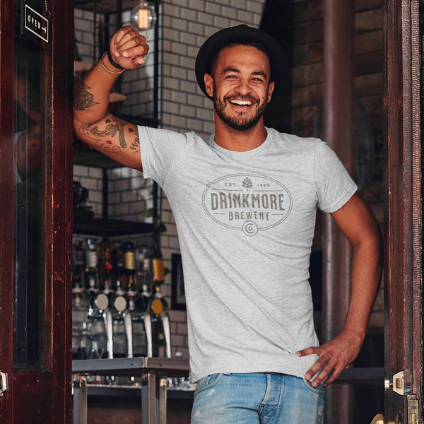Guy wearing funny Drinkmore Brewery men's t-shirt from Shirty Store