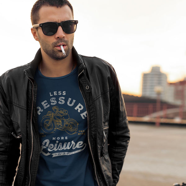 Man wearing vintage retro motorcycle t-shirt less pressure more leisure from Shirty Store