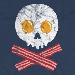 Close up of funny breakfast pirate skull crossbones t-shirt from Shirty Store
