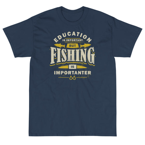 Funny fishing clothes blue shirt Education is important but fishing is importanter