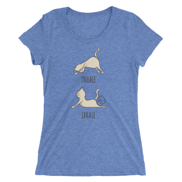 Blue Funny Yoga cat inhale exhale t-shirt from Shirty Store