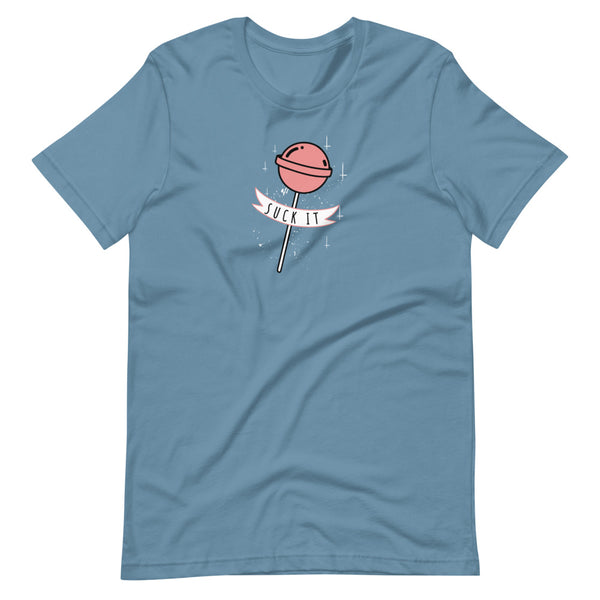 Blue funny sarcastic Suck It t-shirt from Shirty Store