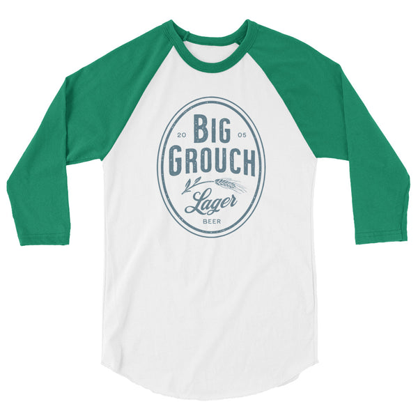 Big Grouch Lager 3/4 sleeve raglan funny shirt green and white