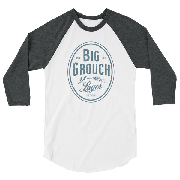 Big Grouch Lager 3/4 sleeve raglan funny shirt grey and white