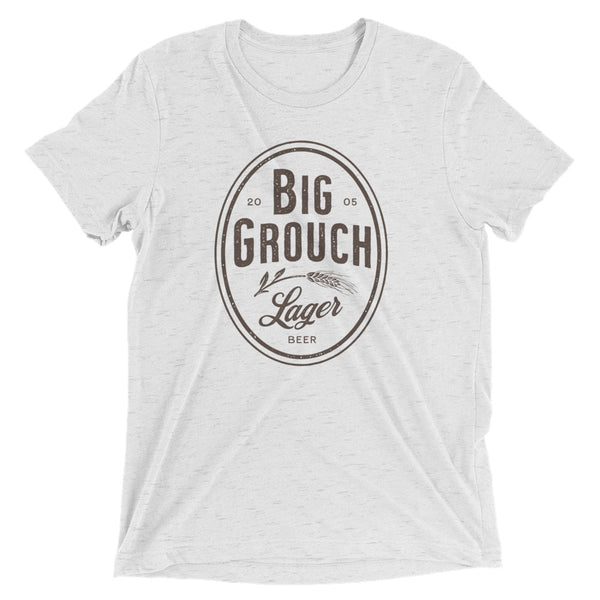 White funny Big Grouch Lager t-shirt from Shirty Store