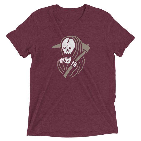 Maroon Funny Grim Reaper and Coffee t-shirt from Shirty Store