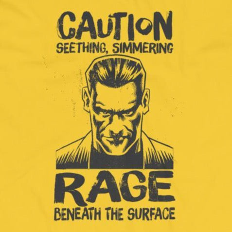 Close up of sarcastic Seething simmering rage t-shirt from Shirty Store